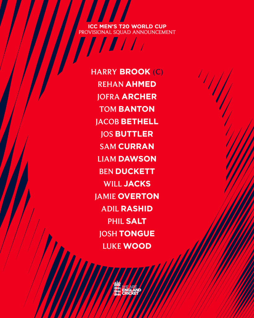 England provisional squad for T20 World Cup 2026